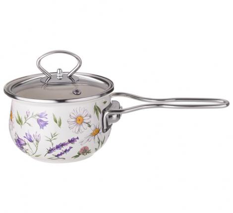 Ковш эмалированный со стеклянной крышкой "FLOWER STORY", 0,9 л