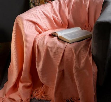 Покрывало вафельное с бахромой Valtery 200х220, пудровый