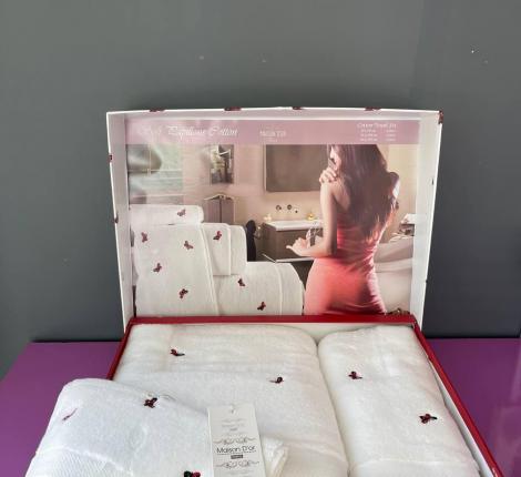 Комплект махровых полотенец  30x50-50x100-85x150 Maison D'or &quot;REVE DE PAPILLON&quot;, белый/красный