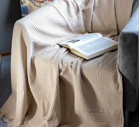 Покрывало вафельное с бахромой Valtery 200х220, бежевый