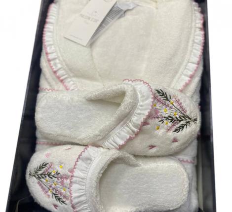 Халат женский махровый с вышивкой Maison D'or "LENA VOLANT" (кремовый), XS(42)-S(44)