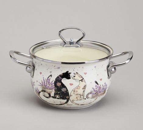 Кастрюля эмалированная со стеклянной крышкой "LAVANDER CATS", 2,0 л