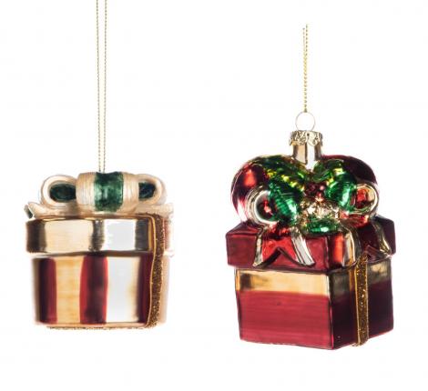 Стеклянные игрушки 2 шт. "ПОДАРКИ" (красный), длина 9,5 см