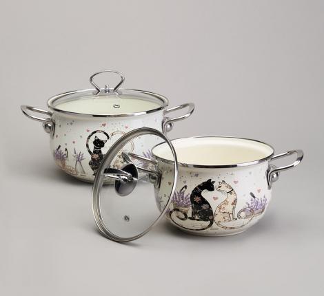 Набор эмалированных кастрюль с крышкой "LAVANDER CATS", 4 предмета