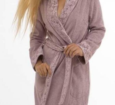Халат женский махровый с кружевом Maison D'or "LAURETTE" (персиковый), XXXL(54)-XXXXL(56)