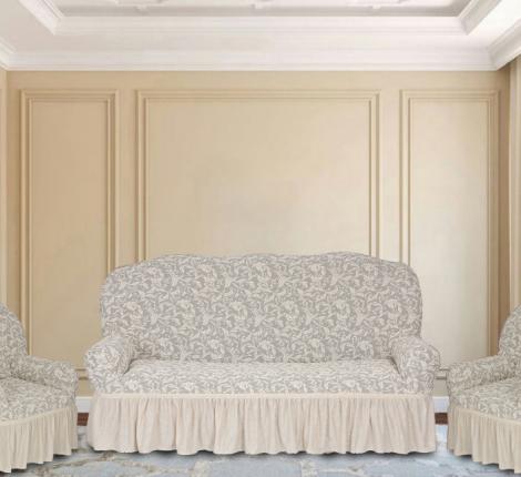 Комплект чехлов на 3-х местный диван и 2 кресла Karteks &quot;Классика&quot; с оборкой KAR 013-02, кремовый