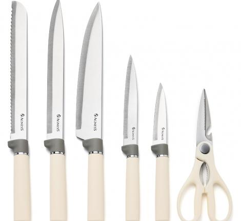 Набор кухонных ножей (5 шт.) и приборов "AGNESS", 11 предметов (белый/серый)