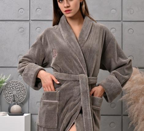 Халат женский трига с капюшоном "AMBIELLA  A-1215" бежевый, S/M