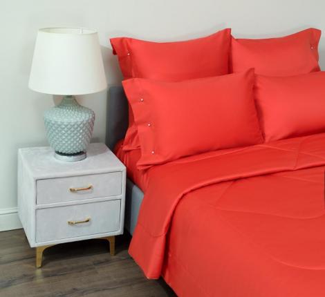 Постельное белье с одеялом "Sofi de Marko" Premium Mako (коралловый красный) Сатин ДеЛюкс, Евро