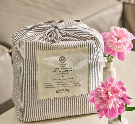 Постельное бельё Luxberry "ЛЁН И ХЛОПОК" Евро, белый/коричневая полоса