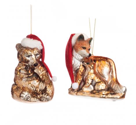 Игрушки стеклянные на ёлку "МИШКА и ЛИСИЧКА" (коричневый), высота 13,5 см