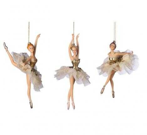 Ёлочная игрушка 3 шт. "БАЛЕРИНА" (бело-золотой) с жемчугом, высота 19 см