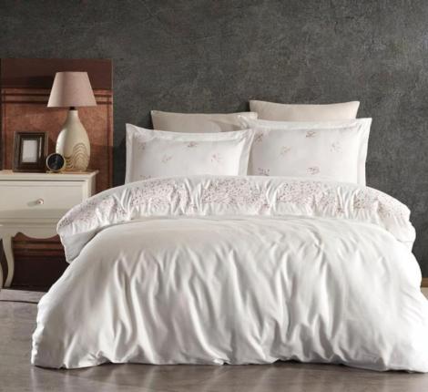 Постельное бельё "DANTELA VITA" сатин с вышивкой ASRIN (кремовый), Евро