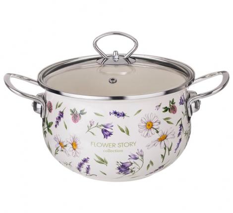 Кастрюля эмалированная со стеклянной крышкой "FLOWER STORY", 2,8 л