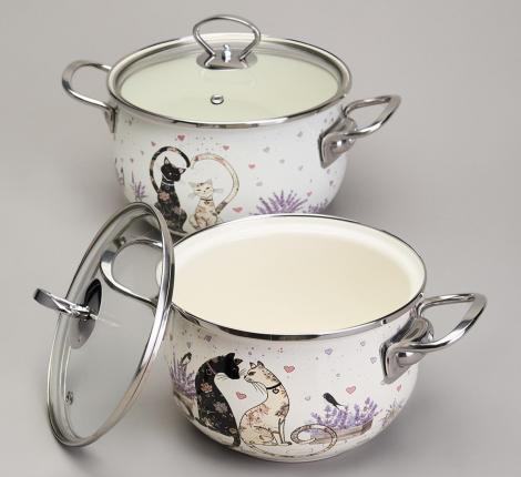 Набор эмалированных кастрюль с крышкой "LAVANDER CATS", 4 предмета