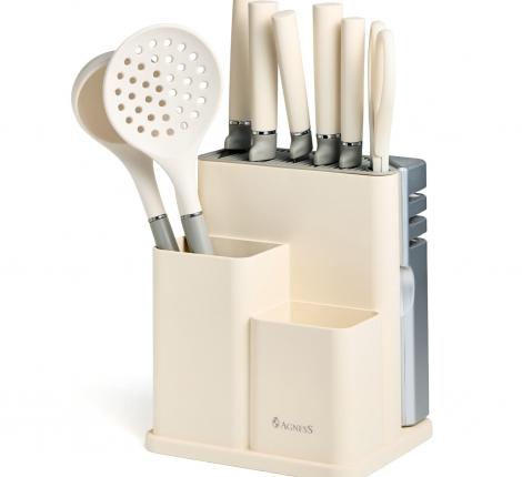 Набор кухонных ножей (5 шт.) и приборов "AGNESS", 11 предметов (белый/серый)