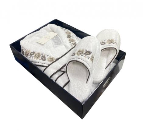 Халат женский махровый с вышивкой Maison D'or "ROSANNA" (белый/коричневый), XL(50)-XXL(52)