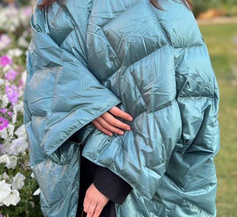 Дорожный плед-пончо пуховый "Travel Cape Plaid Grass" AQUA, 130х170