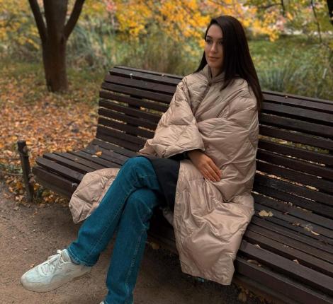 Дорожный плед-пончо пуховый "Travel Cape Plaid Grass" LATTE, 130х170