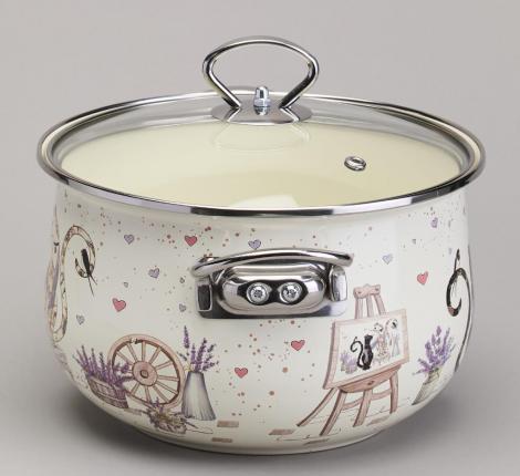 Кастрюля эмалированная со стеклянной крышкой "LAVANDER CATS", 3,8 л