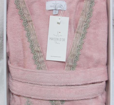 Халат женский махровый с вышивкой Maison D'or "SIDNEY" (пыльная роза), XS(42)-S(44)