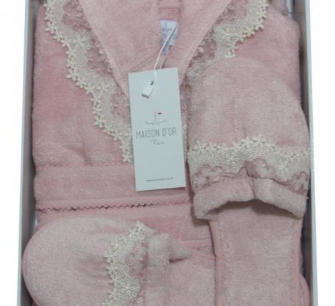 Халат женский махровый с тапочками Maison D'or "VANESSA" (пыльная роза), XS(42)-S(44)