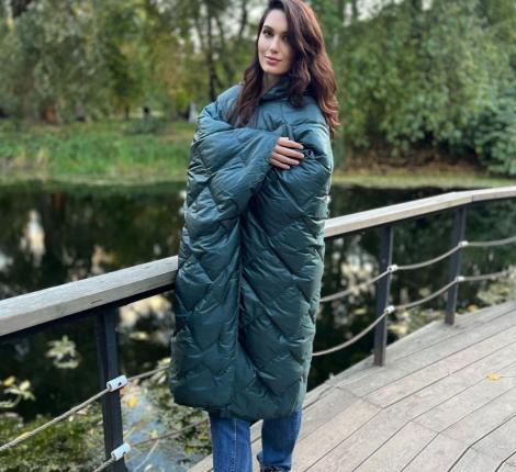 Дорожный плед-пончо пуховый "Travel Cape Plaid Grass" DARK GREEN, 130х170
