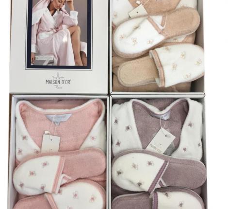 Халат женский махровый с тапочками Maison D'or "LAVOINE LONG BUTTEFLY" (пыльная роза), M(46)/L(48)