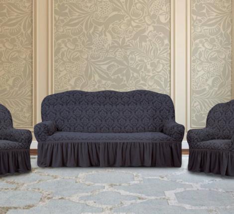 Комплект чехлов на 3-х местный диван и 2 кресла Karteks &quot;Классика&quot; с оборкой KAR 002-04, серый