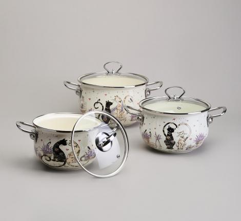 Набор эмалированных кастрюль с крышкой "LAVANDER CATS", 6 предметов