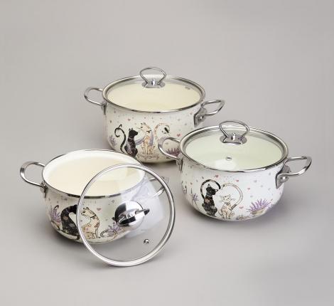 Набор эмалированных кастрюль с крышкой "LAVANDER CATS", 6 предметов