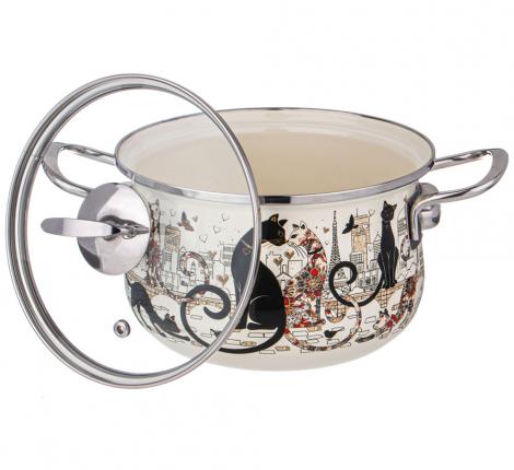 Набор эмалированных кастрюль с крышкой "ПАРИЖСКИЕ КОТЫ", на 4 предмета