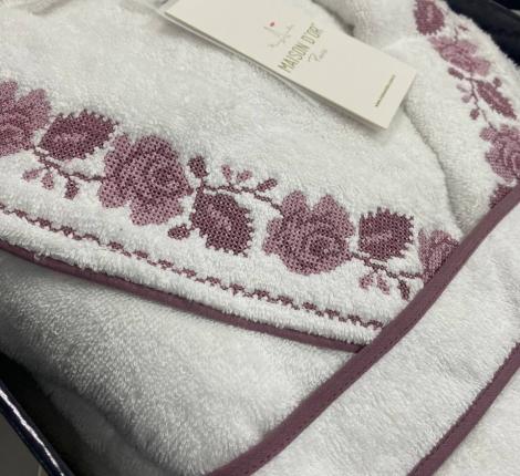 Халат женский махровый с вышивкой Maison D'or "ROSANNA" (белый/фиолетовый), XL(50)-XXL(52)