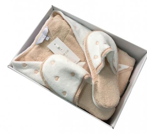 Халат женский махровый с тапочками Maison D'or "LAVOINE LONG HEARTS" (пудра), XL(50)-XXL(52)