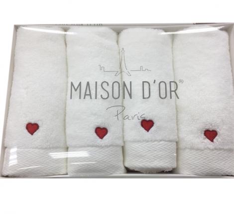 Салфетки махровые с вышивкой Maison D'or "SOFT HEARTS" 30х50-4шт., белый/красный