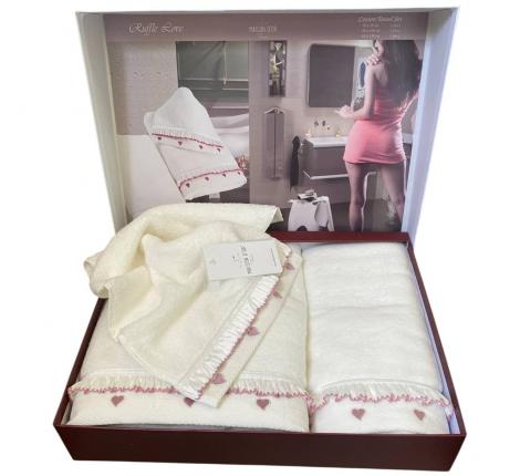 Комплект полотенец с кружевом 30x50-50x100-85x150 Maison D'or "RUFFLE LOVE", кремовый/фиолетовый