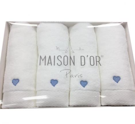 Салфетки махровые с вышивкой Maison D'or "SOFT HEARTS" 30х50-4шт., белый/голубой