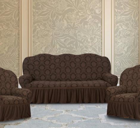 Комплект чехлов на 3-х местный диван и 2 кресла Karteks &quot;Классика&quot; с оборкой KAR 007-07, шоколадный