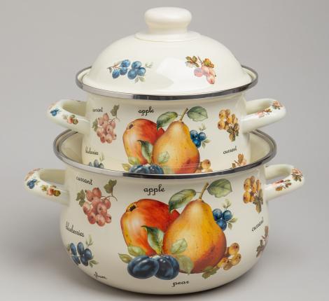Набор эмалированных кастрюль с крышкой  "ФРУКТЫ", на 4 предмета