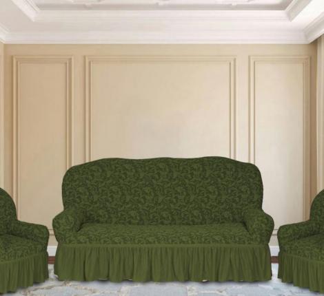 Комплект чехлов на 3-х местный диван и 2 кресла Karteks &quot;Классика&quot;  с оборкой KAR 013-09, зелёный