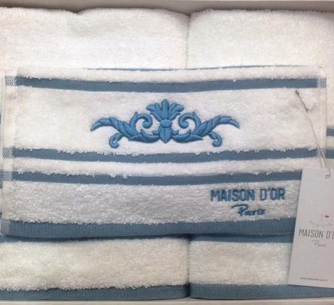 Комплект полотенец с вышивкой 30x50-50x100-70x140 Maison D'or &quot;BARON&quot;, белый-бирюзовый