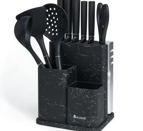 Набор кухонных ножей (5 шт.) и приборов "AGNESS", 11 предметов (мрамор/серый)