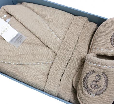 Халат мужской махровый с капюшоном Maison D'or "MICHEL SAILING" бежевый, 5XL(58)/6XL(60)