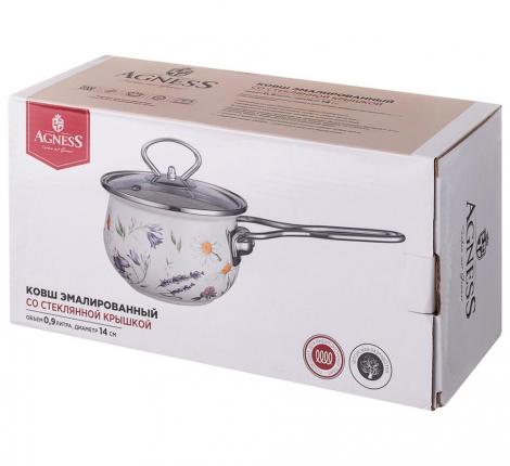 Ковш эмалированный со стеклянной крышкой "FLOWER STORY", 0,9 л