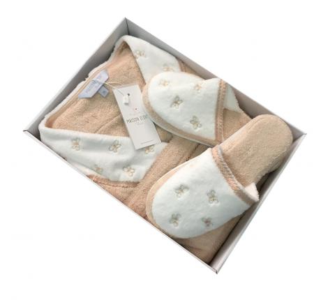 Халат женский махровый с тапочками Maison D'or "LAVOINE LONG BUTTEFLY" (пудра), M(46)/L(48)