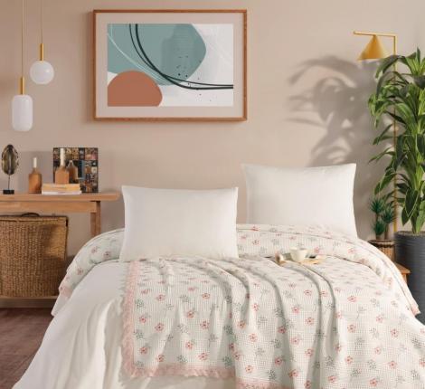 Покрывало вафельное с гипюром "DO&CO" 220x240 ТУЛ/TUL, персиковый