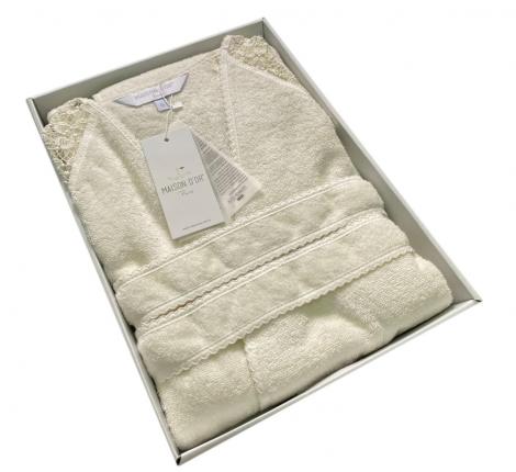 Халат женский махровый с кружевом Maison D'or "JOSEPHINE" (кремовый), XS(42)-S(44)