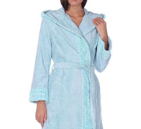 Халат женский махровый с розами Maison D'or "VIVIENNE" (бирюзовый), XL(50)-XXL(52)