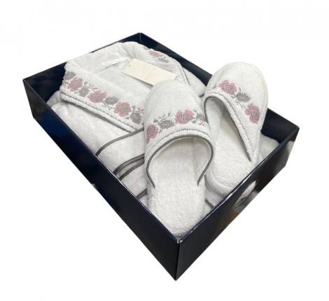 Халат женский махровый с вышивкой Maison D'or "ROSANNA" (белый/серый), XL(50)-XXL(52)