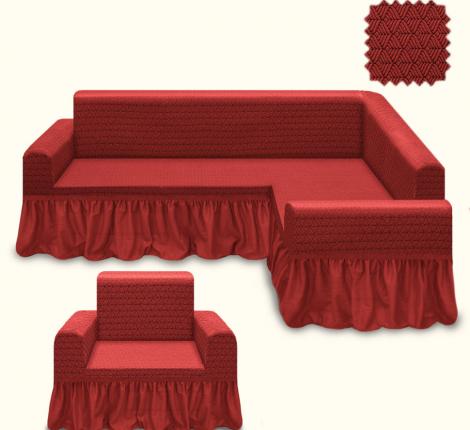 Комплект чехлов на 3-х местный угловой диван и кресло Karteks &quot;Классика&quot; с оборкой  KAS-001, бордовый